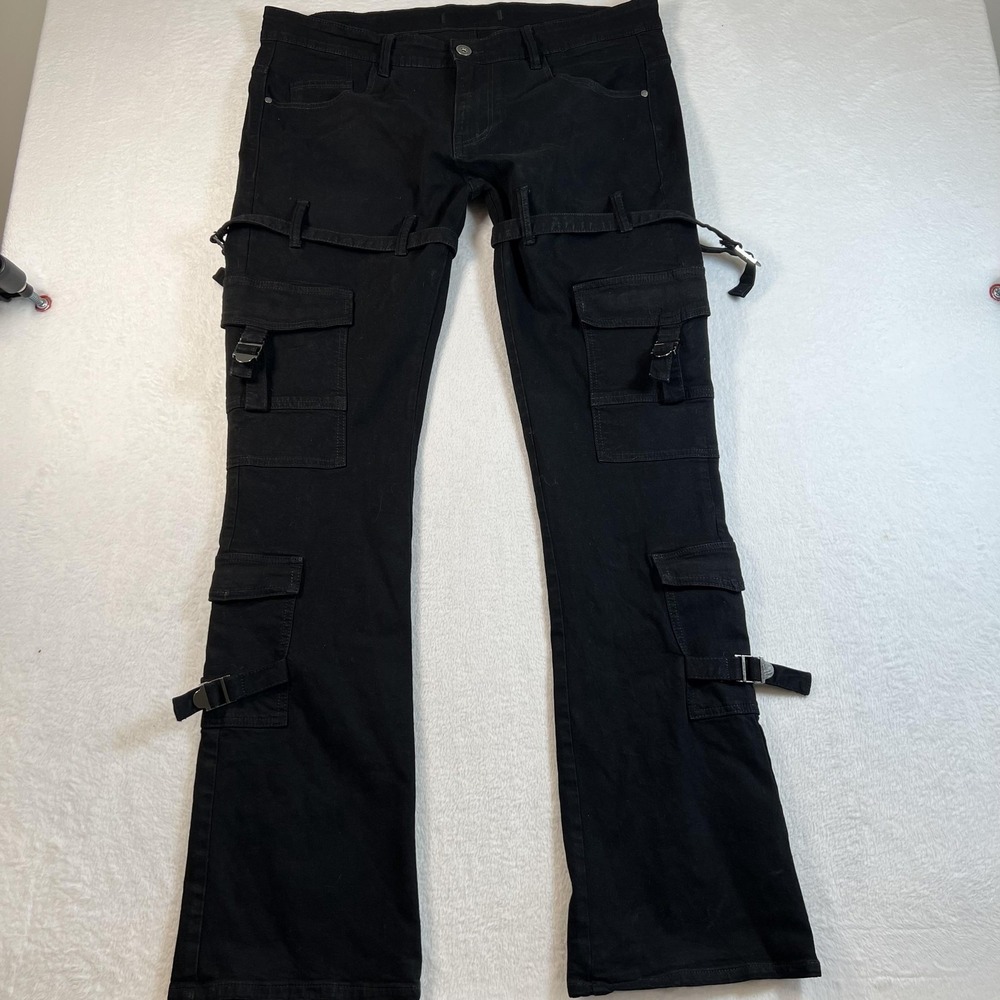 KDNK Cargo Pants Mens 38x32 Black Buckle Strap Utility Streetwear Denim